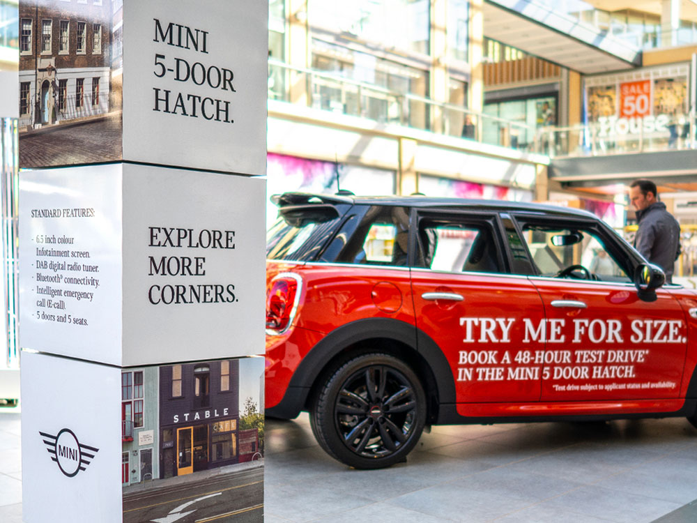 Promotional display blocks at MINI tours